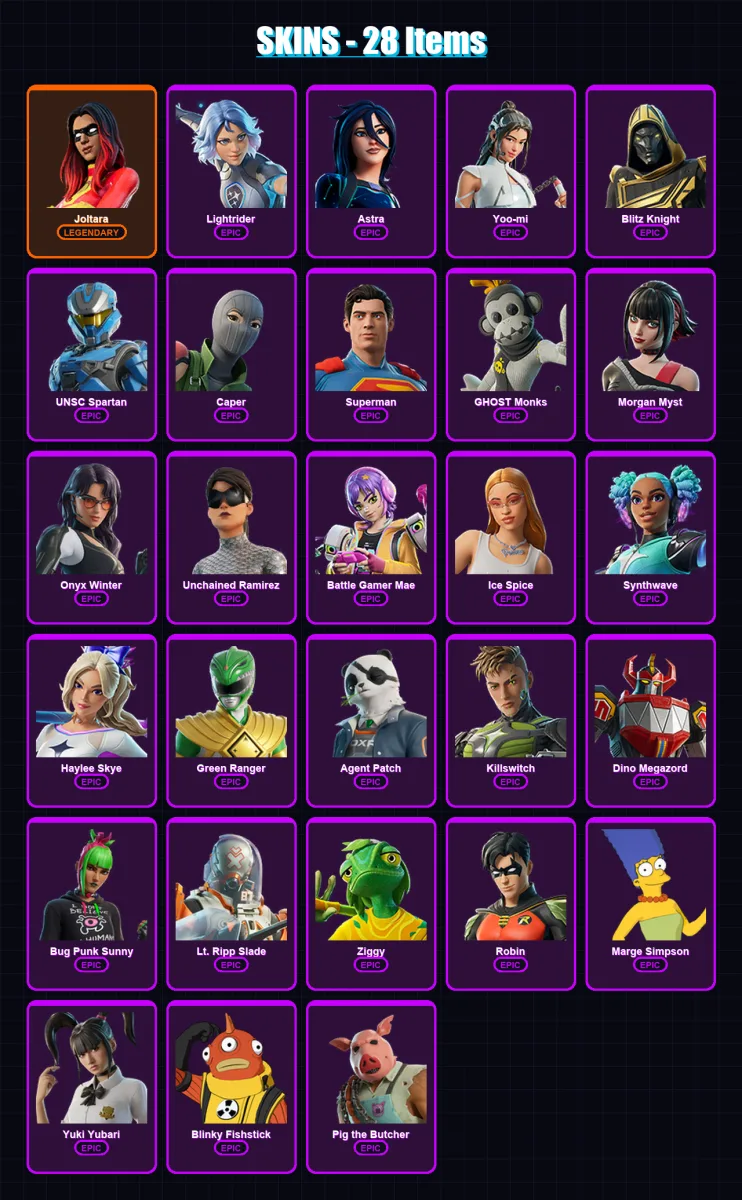 [PC/XBOX/PSN] | Joltara | Lightrider | Astra | Yoo-mi | Blitz Knight | 28 skin | 59 pickaxe | 27 emote | 31 glider | Lv684