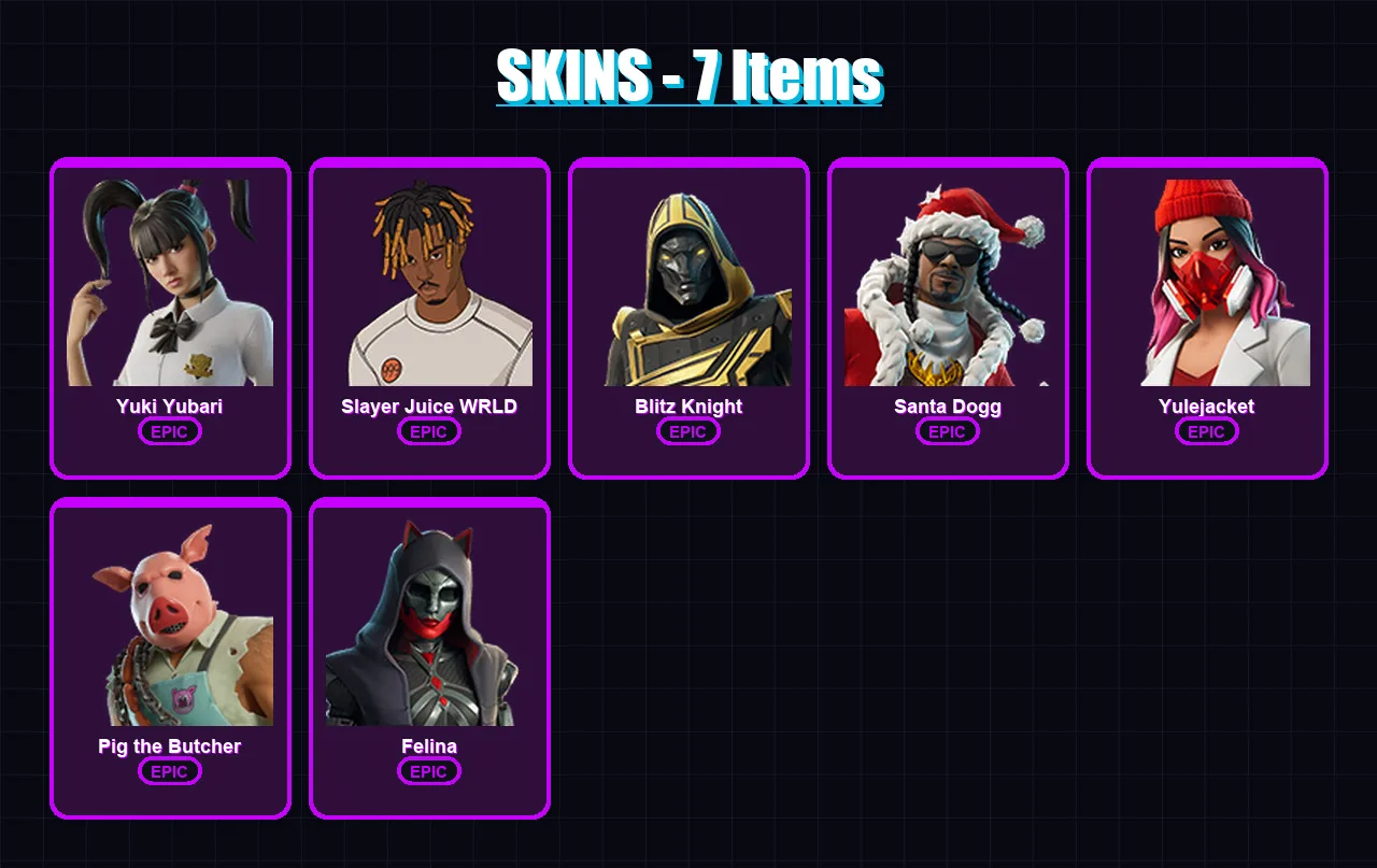 [PC/XBOX/PSN] | Yuki Yubari | Slayer Juice WRLD | Blitz Knight | Santa Dogg | Yulejacket | 7 skin | 56 pickaxe | 25 emote | 34 glider | Lv515