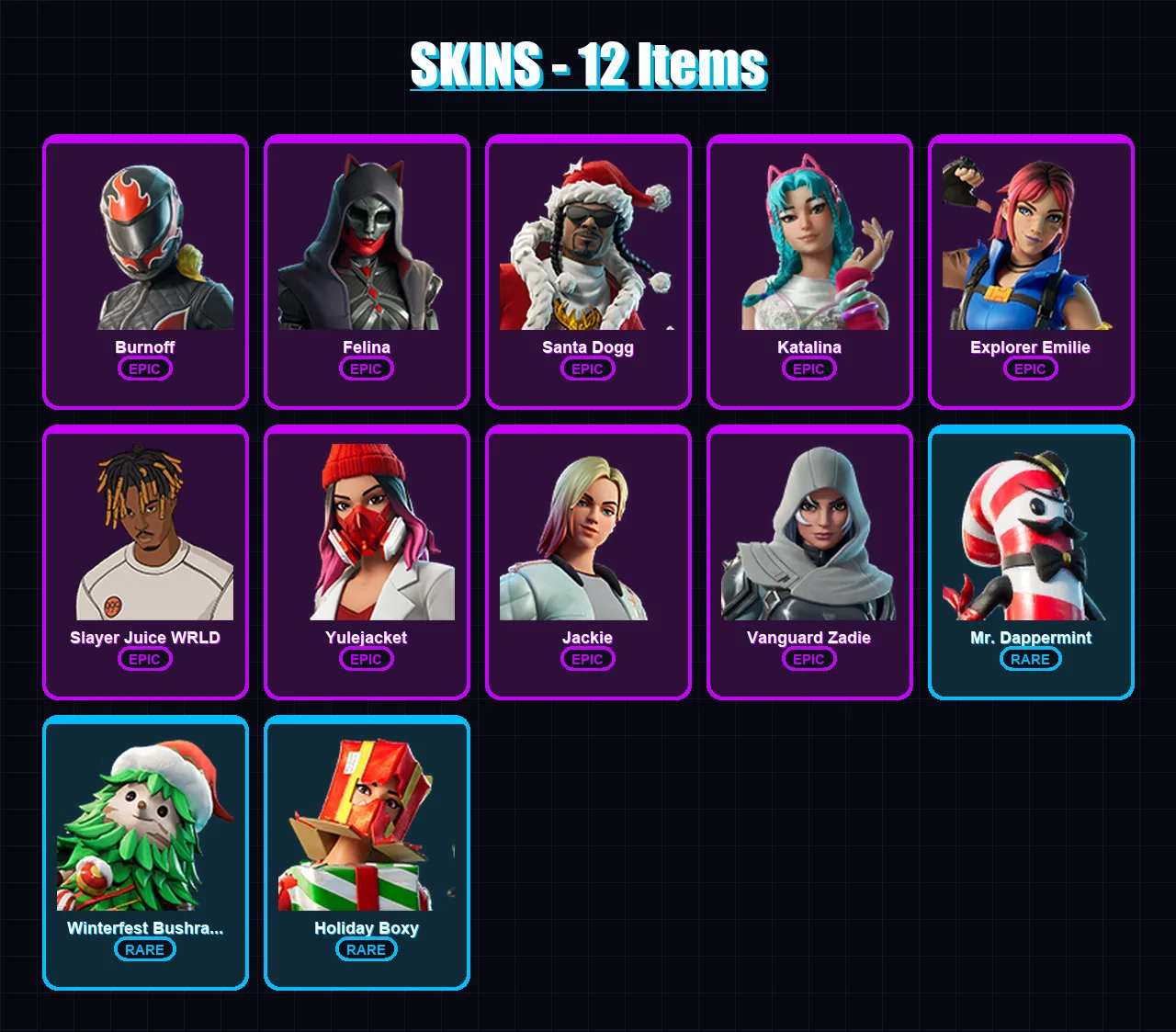 [PC] | Burnoff | Felina | Santa Dogg | Katalina | Explorer Emilie | 12 skin | 35 pickaxe | 12 emote | 23 glider | Lv266