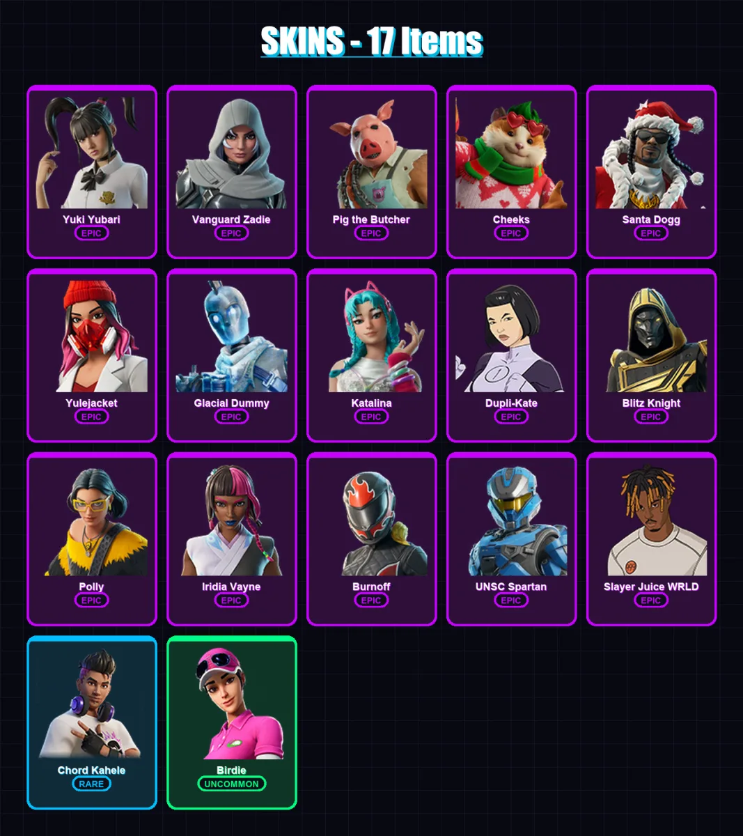 [PC/XBOX/PSN] | Yuki Yubari | Vanguard Zadie | Pig the Butcher | Cheeks | Santa Dogg | 17 skin | 84 pickaxe | 37 emote | 47 glider | Lv2305