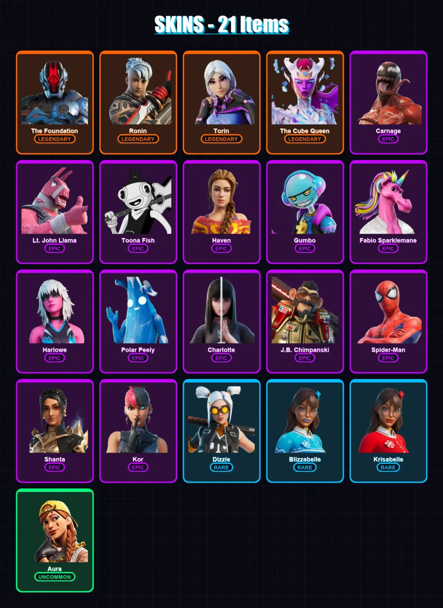 [PC/PSN] | The Foundation | Ronin | Torin | The Cube Queen | Carnage | 21 skin | 34 pickaxe | 24 emote | 31 glider | Lv848