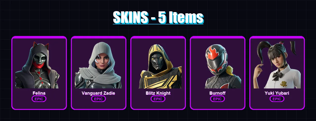 [PC/XBOX] | Felina | Vanguard Zadie | Blitz Knight | Burnoff | Yuki Yubari | 5 skin | 55 pickaxe | 21 emote | 36 glider | Lv699