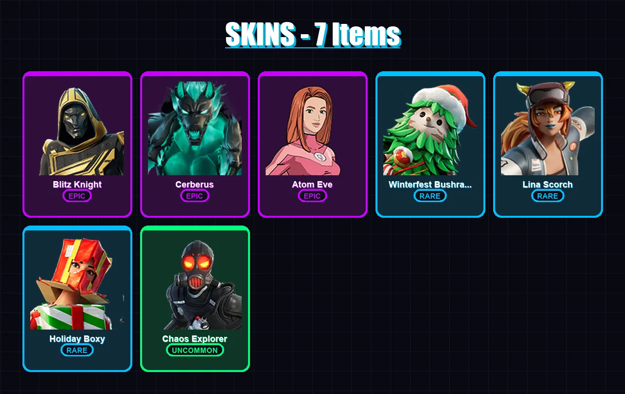 [PC/XBOX/PSN] | Blitz Knight | Cerberus | Atom Eve | Winterfest Bushranger | Lina Scorch | 7 skin | 41 pickaxe | 15 emote | 25 glider | Lv298