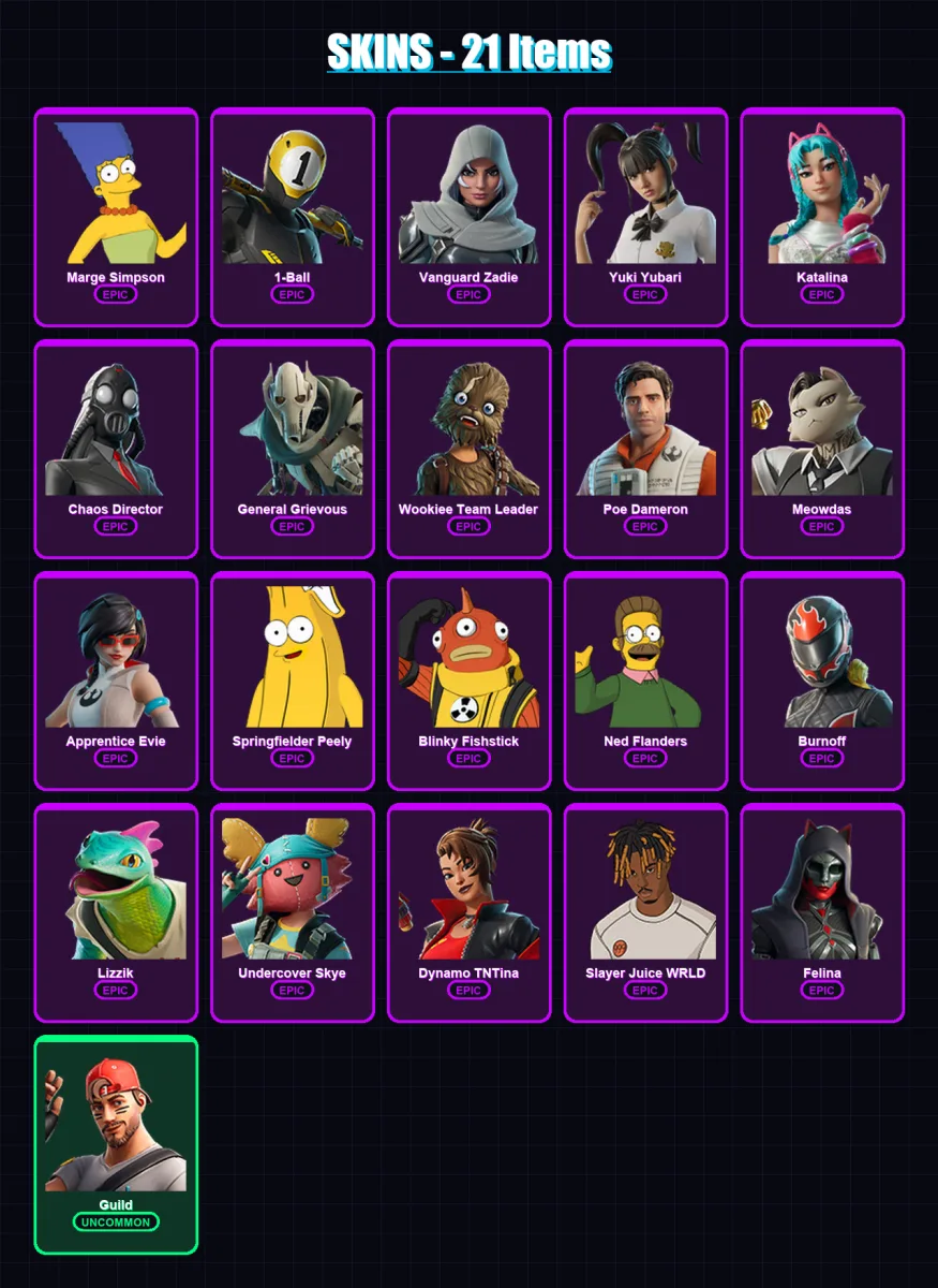 [PC] | Marge Simpson | 1-Ball | Vanguard Zadie | Yuki Yubari | Katalina | 21 skin | 42 pickaxe | 24 emote | 29 glider | Lv339