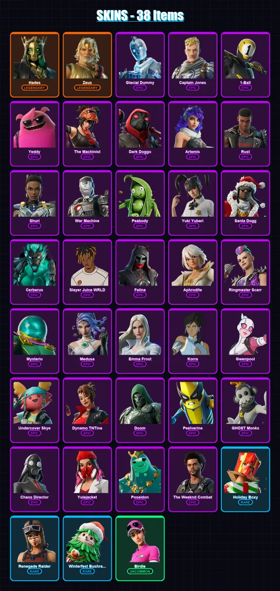 [PC/XBOX] | Hades | Zeus | Glacial Dummy | Captain Jones | 1-Ball | 38 skin | 92 pickaxe | 54 emote | 61 glider | Lv742