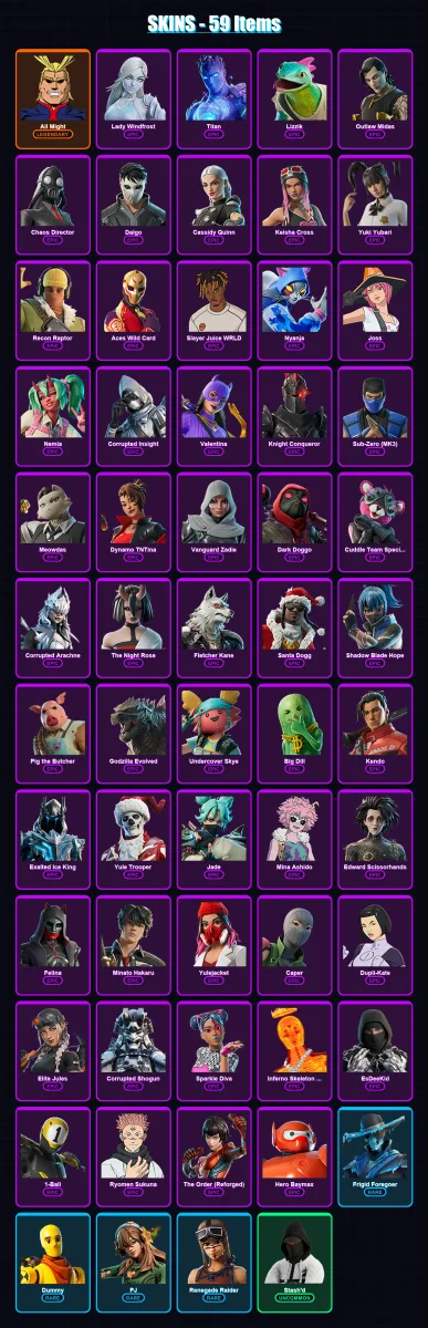 [PS4/PS5/XBOX/PC] | All Might | Lady Windfrost | Titan | Lizzik | Outlaw Midas | 59 skin | 103 pickaxe | 62 emote | 64 glider | Lv1384
