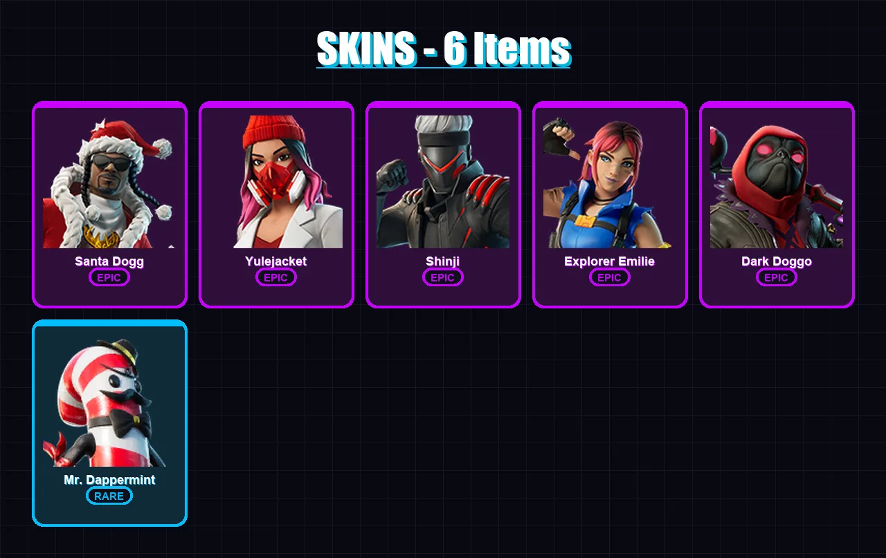 [PS4/PS5/XBOX/PC] | Santa Dogg | Yulejacket | Shinji | Explorer Emilie | Dark Doggo | 6 skin | 26 pickaxe | 13 emote | 13 glider | Lv127
