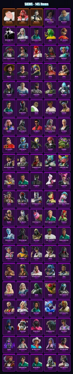 [PS4/PS5/XBOX/PC] | Peter Griffin | Valeria | Midas Rex | LBC '93 Dogg | Ben Grimm | 145 skin | 144 pickaxe | 122 emote | 68 glider | Lv1029