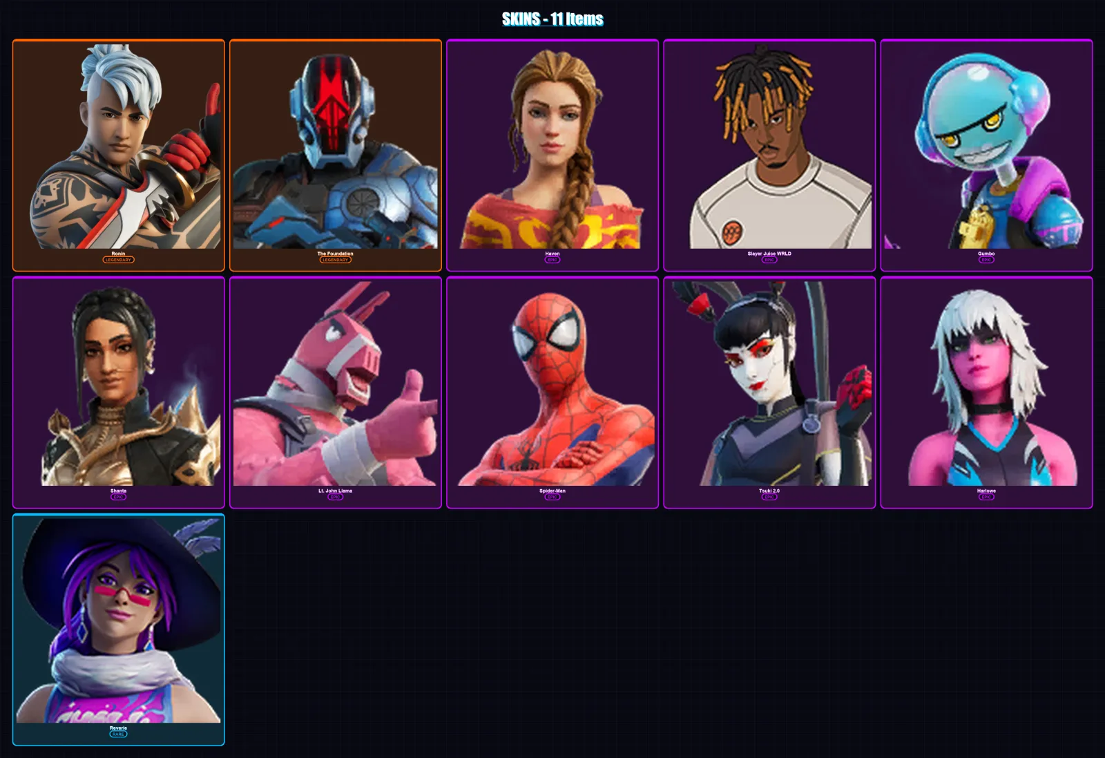 [PC/PSN] | Ronin | The Foundation | Haven | Slayer Juice WRLD | Gumbo | 11 skin | 18 pickaxe | 13 emote | 13 glider | Lv260