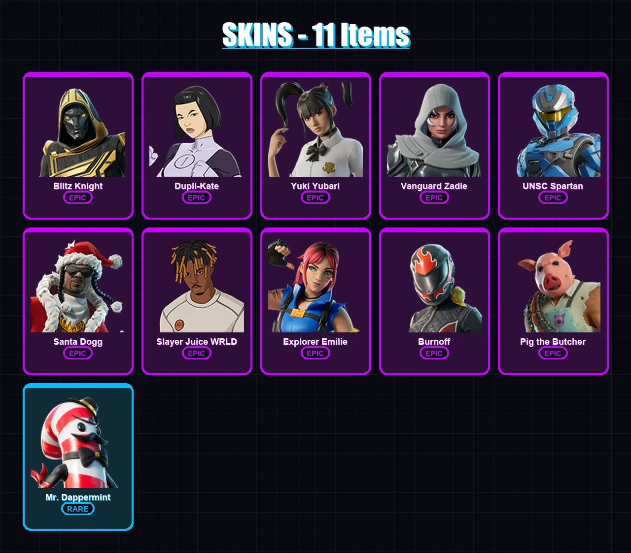 [SWITCH/PC] | Blitz Knight | Dupli-Kate | Yuki Yubari | Vanguard Zadie | UNSC Spartan | 11 skin | 82 pickaxe | 27 emote | 46 glider | Lv1127