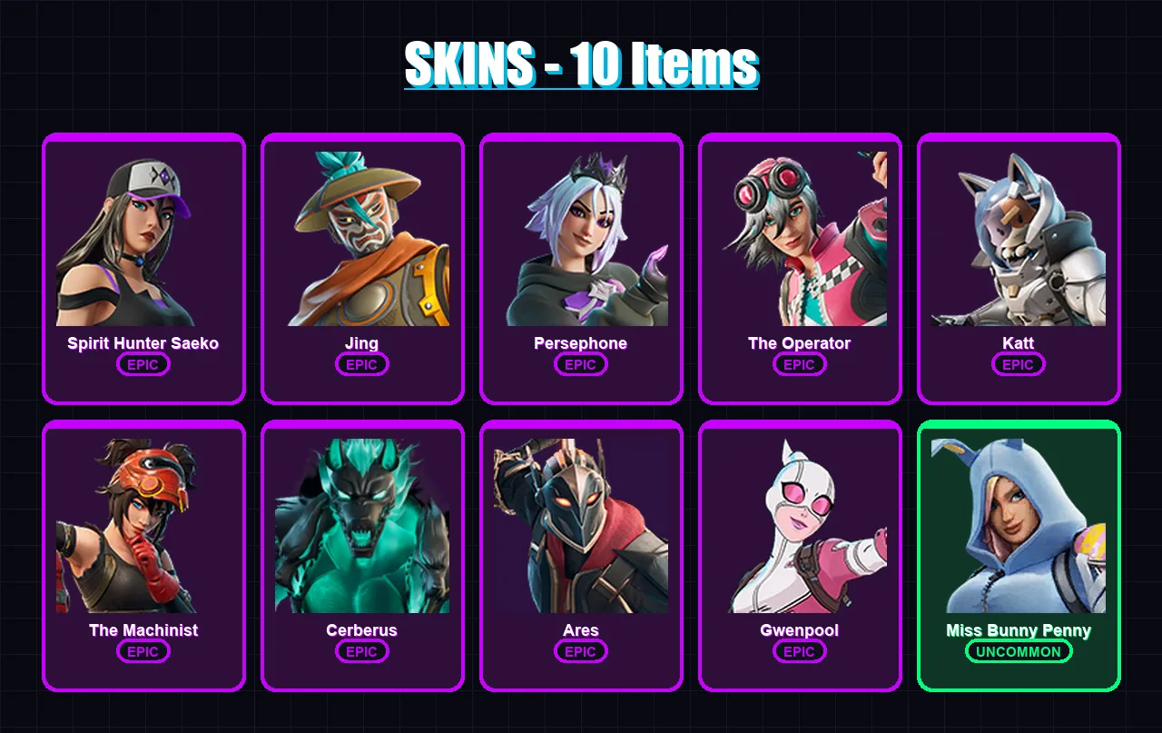 [PC/XBOX/PSN] | Spirit Hunter Saeko | Jing | Persephone | The Operator | Katt | 10 skin | 9 pickaxe | 2 emote | 1 glider | Lv6