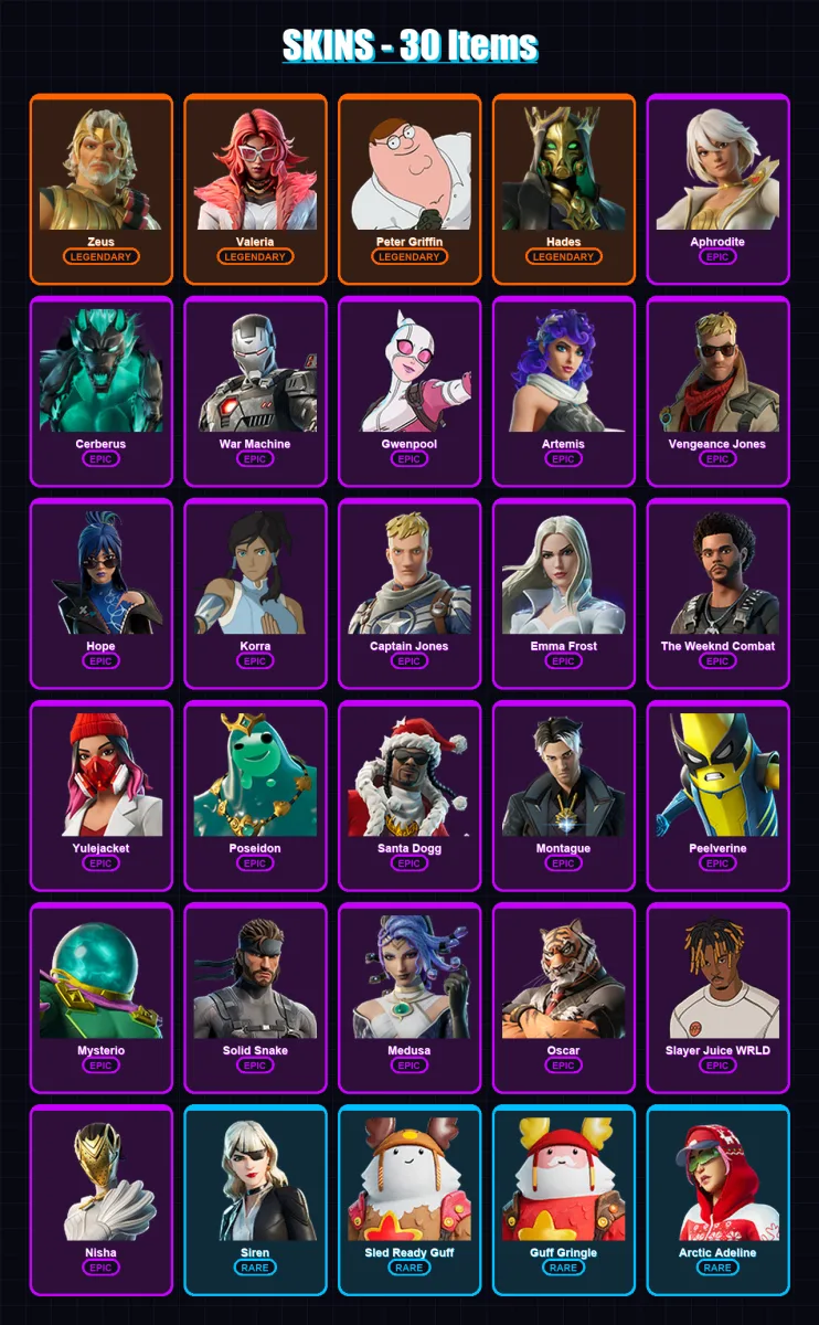 [PC/PSN] | Zeus | Valeria | Peter Griffin | Hades | Aphrodite | 30 skin | 67 pickaxe | 39 emote | 50 glider | Lv804 — Fortnite account