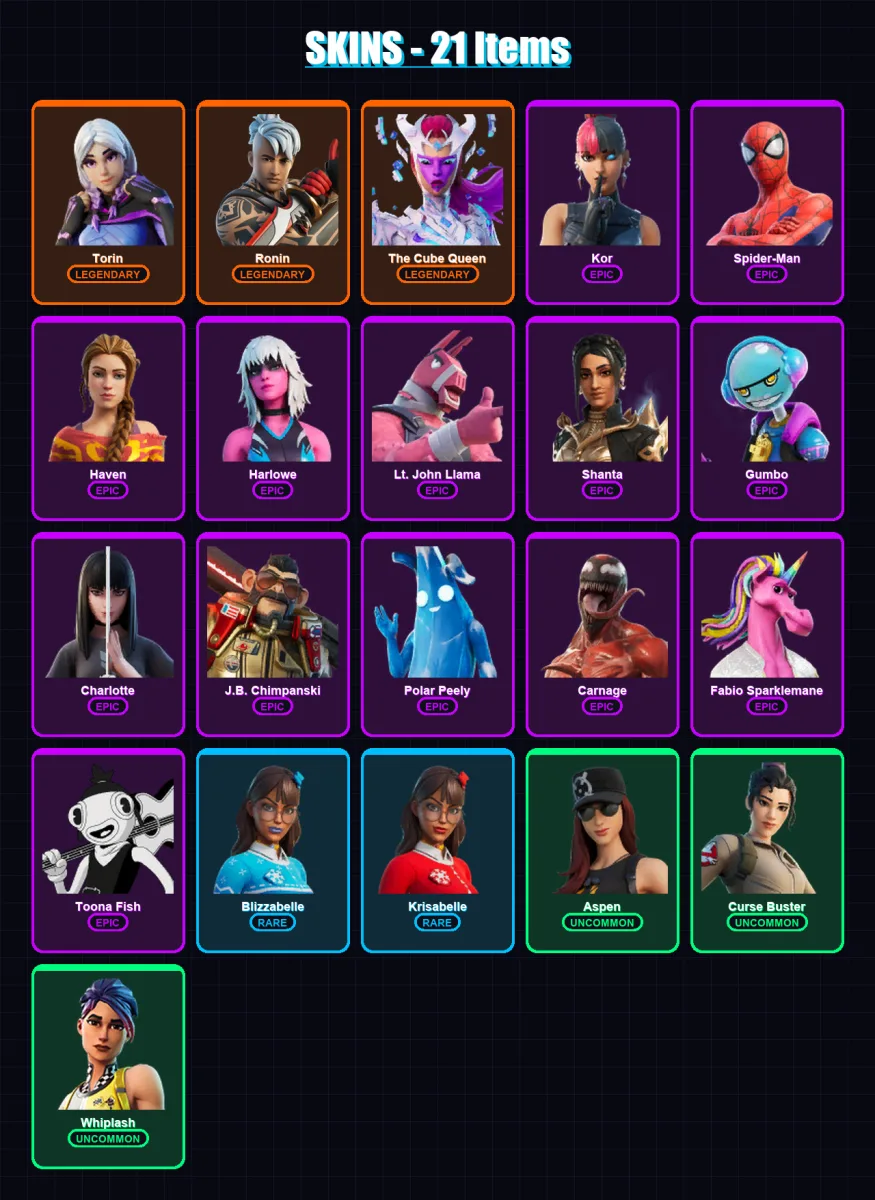 [PC/PSN] | Torin | Ronin | The Cube Queen | Kor | Spider-Man | 21 skin | 25 pickaxe | 22 emote | 22 glider | Lv337 — Game account