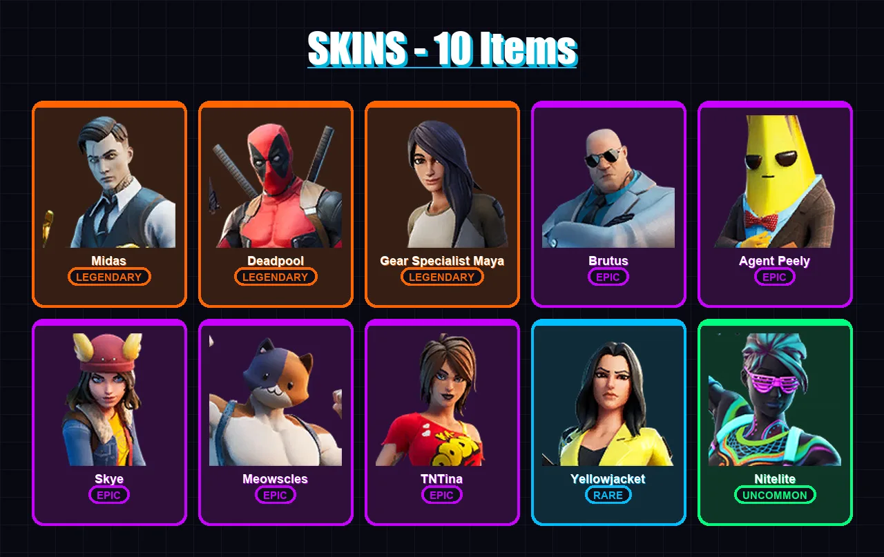 [PC/XBOX/PSN] | Midas | Deadpool | Gear Specialist Maya | Brutus | Agent Peely | 10 skin | 23 pickaxe | 20 emote | 18 glider | Lv278 — Fortnite account