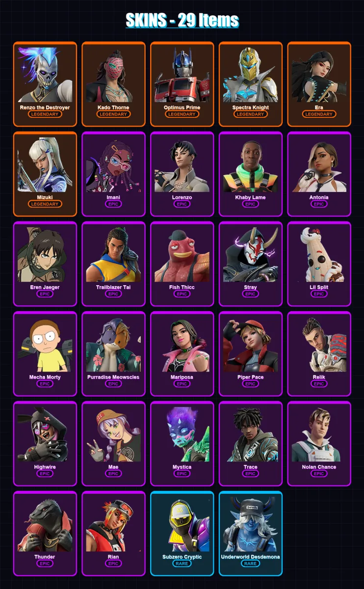 [PC/XBOX] | Renzo the Destroyer | Kado Thorne | Optimus Prime | Spectra Knight | Era | 29 skin | 55 pickaxe | 37 emote | 54 glider | Lv733