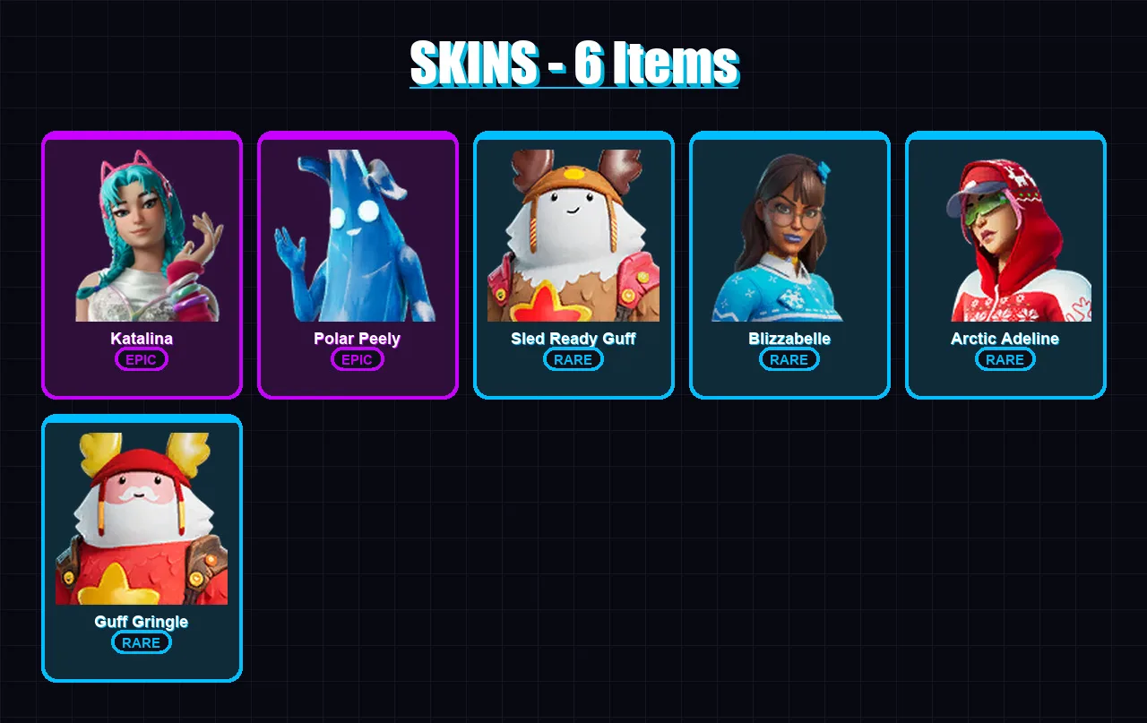 [PC/XBOX] | Katalina | Polar Peely | Sled Ready Guff | Blizzabelle | Arctic Adeline | 6 skin | 17 pickaxe | 6 emote | 15 glider | Lv201
