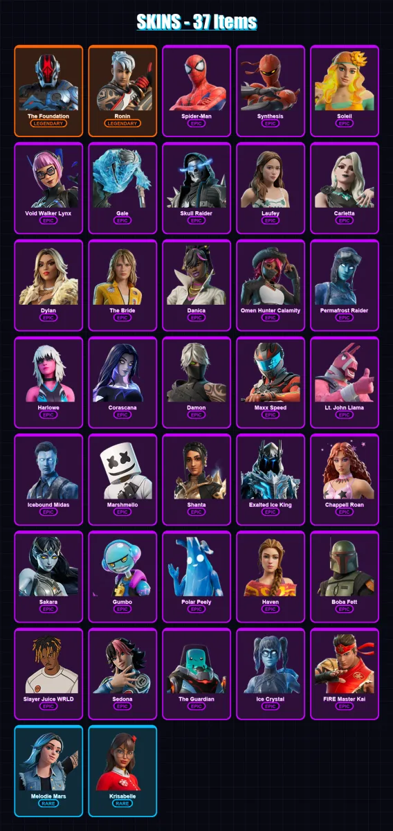 [PC/PSN] | The Foundation | Ronin | Spider-Man | Synthesis | Soleil | 37 skin | 32 pickaxe | 18 emote | 18 glider | Lv169 — Fortnite account