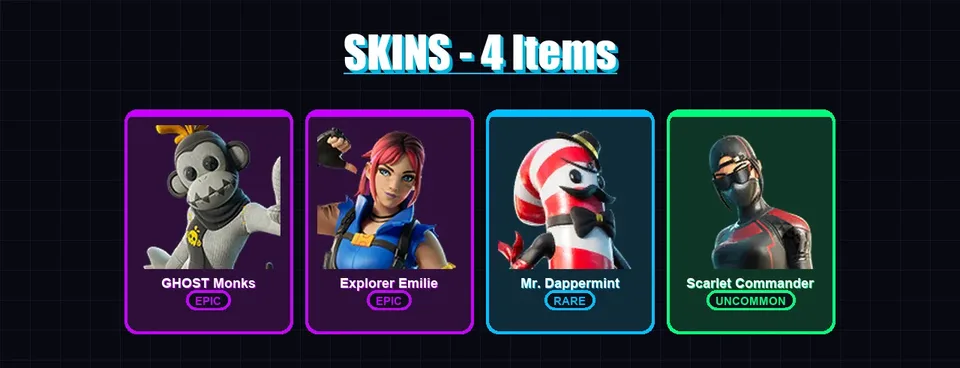 [PC/PSN] | GHOST Monks | Explorer Emilie | Mr. Dappermint | Scarlet Commander | 4 skin | 23 pickaxe | 11 emote | 18 glider | Lv313 — main preview