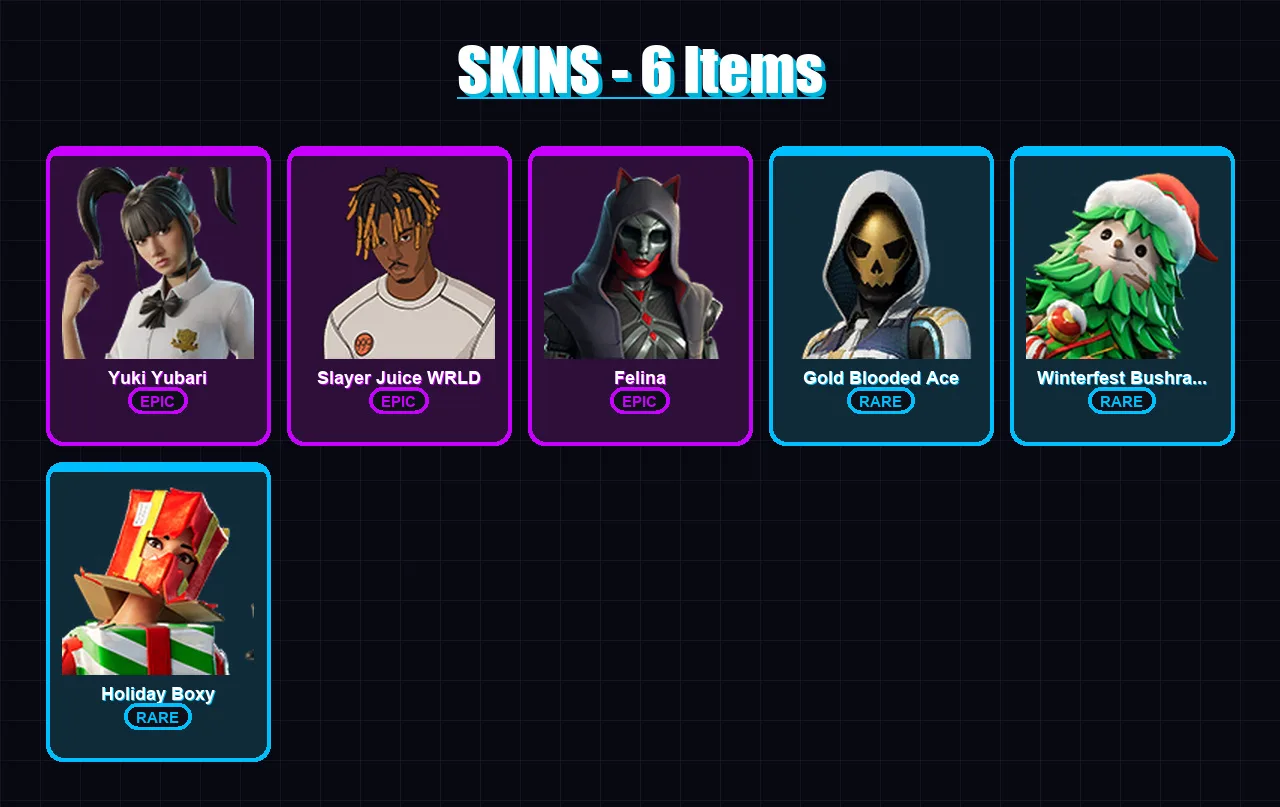 [PC/XBOX] | Yuki Yubari | Slayer Juice WRLD | Felina | Gold Blooded Ace | Winterfest Bushranger | 6 skin | 35 pickaxe | 15 emote | 27 glider | Lv468