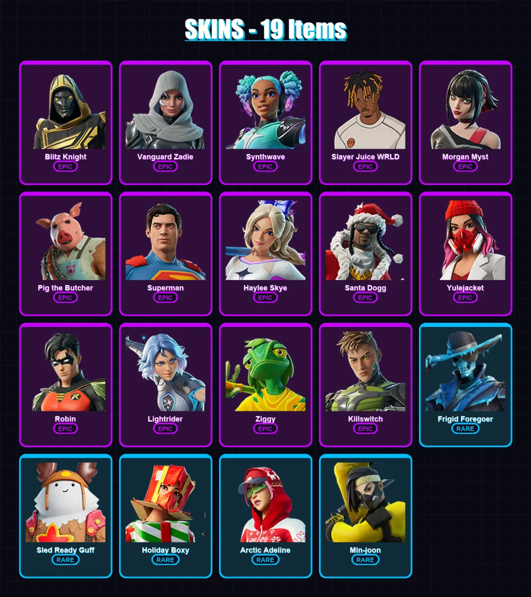 [PC/PSN] | Blitz Knight | Vanguard Zadie | Synthwave | Slayer Juice WRLD | Morgan Myst | 19 skin | 59 pickaxe | 29 emote | 36 glider | Lv473