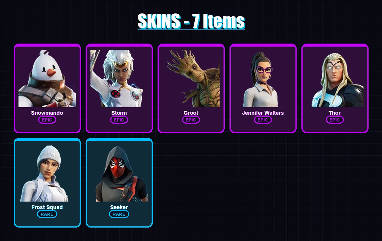 [SWITCH/PSN/PC] | Snowmando | Storm | Groot | Jennifer Walters | Thor | 7 skin | 11 pickaxe | 10 emote | 13 glider | Lv232