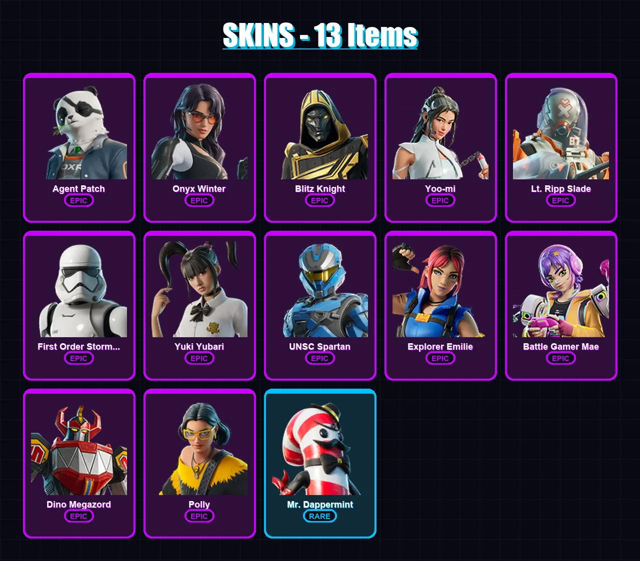 [PC/PSN] | Agent Patch | Onyx Winter | Blitz Knight | Yoo-mi | Lt. Ripp Slade | 13 skin | 34 pickaxe | 15 emote | 21 glider | Lv174 — Fortnite account