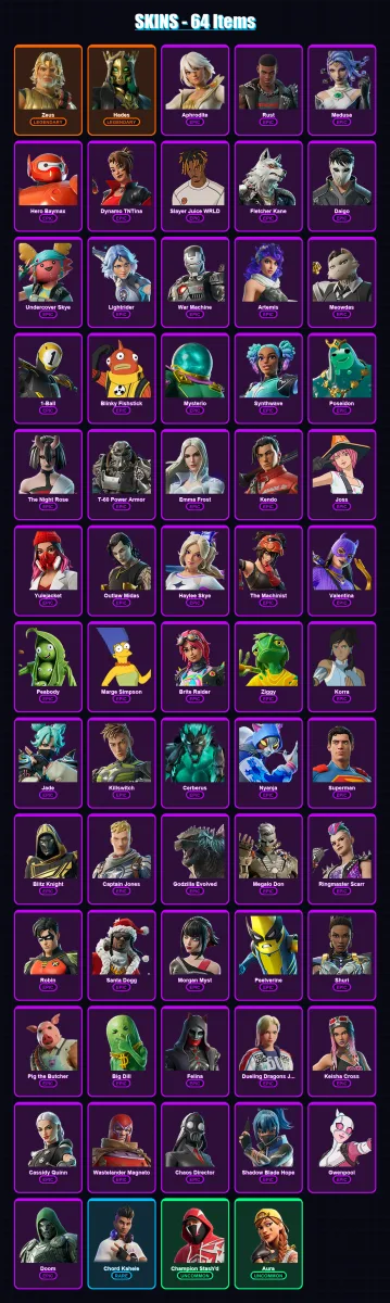 [PC/PSN] | Zeus | Hades | Aphrodite | Rust | Medusa | 64 skin | 138 pickaxe | 80 emote | 90 glider | Lv1403