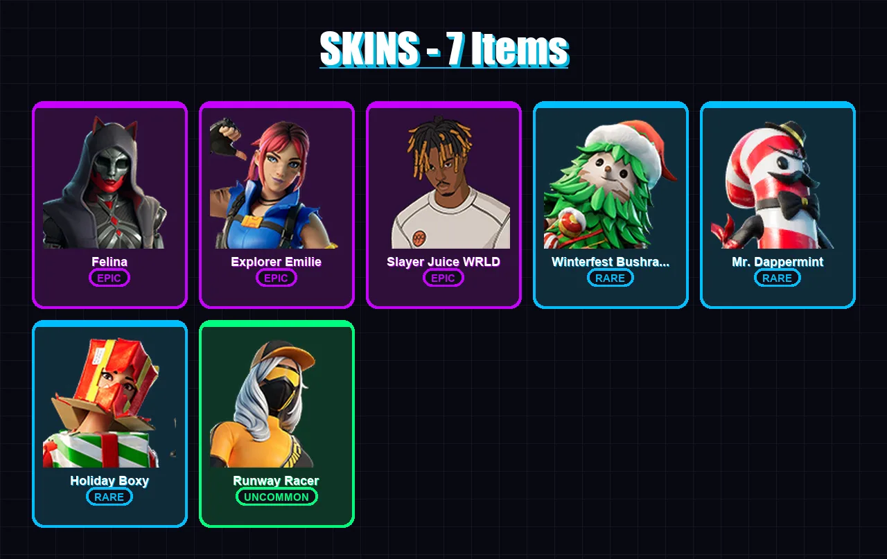 [PC/XBOX] | Felina | Explorer Emilie | Slayer Juice WRLD | Winterfest Bushranger | Mr. Dappermint | 7 skin | 21 pickaxe | 14 emote | 10 glider | Lv3
