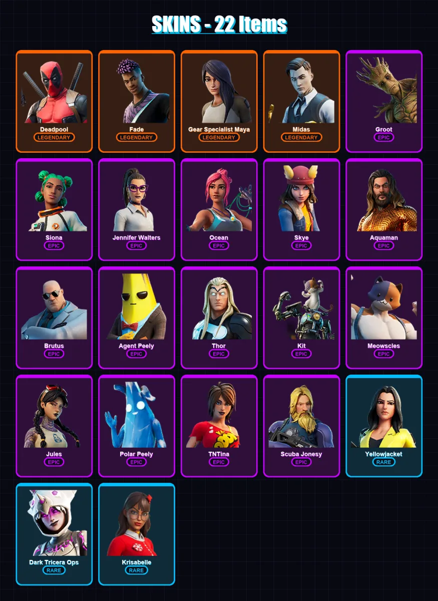 [SWITCH/XBOX/PSN/PC] | Deadpool | Fade | Gear Specialist Maya | Midas | Groot | 22 skin | 27 pickaxe | 25 emote | 24 glider | Lv337
