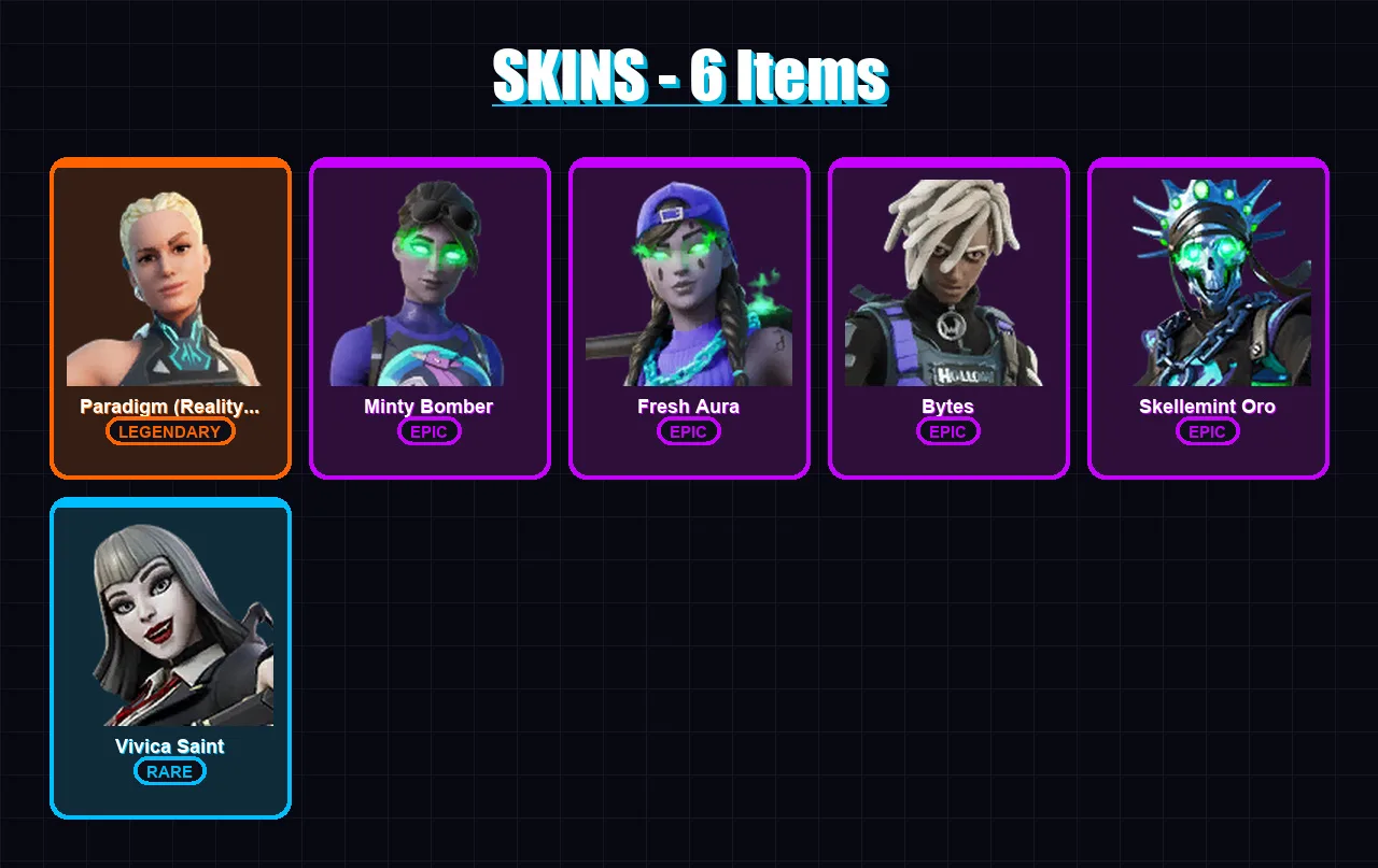 [PC/XBOX/PSN] | Paradigm (Reality-659) | Minty Bomber | Fresh Aura | Bytes | Skellemint Oro | 6 skin | 5 pickaxe | 2 emote | 3 glider | Lv23
