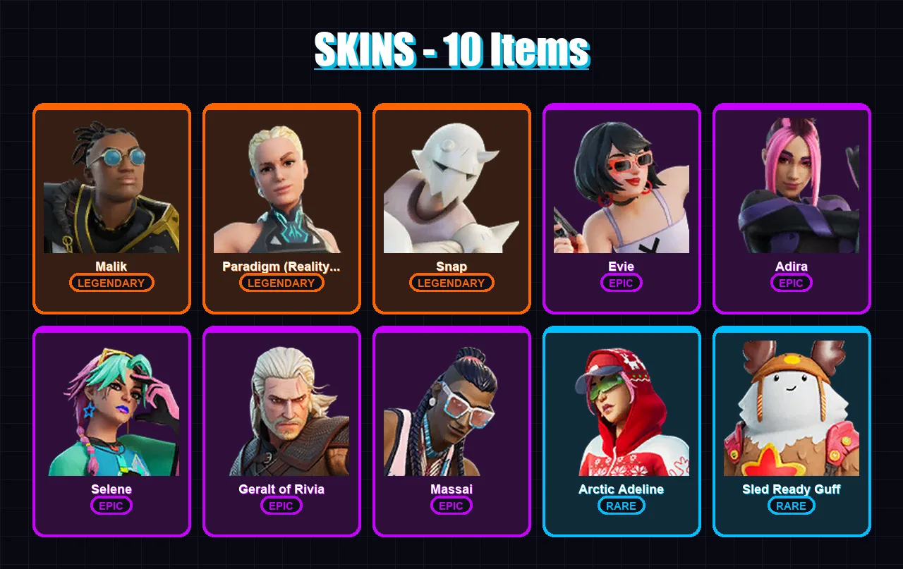 [PC/XBOX/PSN] | Malik | Paradigm (Reality-659) | Snap | Evie | Adira | 10 skin | 16 pickaxe | 15 emote | 21 glider | Lv250