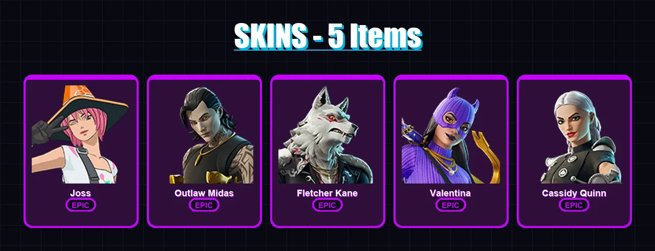 [PC/XBOX/PSN] | Joss | Outlaw Midas | Fletcher Kane | Valentina | Cassidy Quinn | 5 skin | 17 pickaxe | 10 emote | 13 glider | Lv117