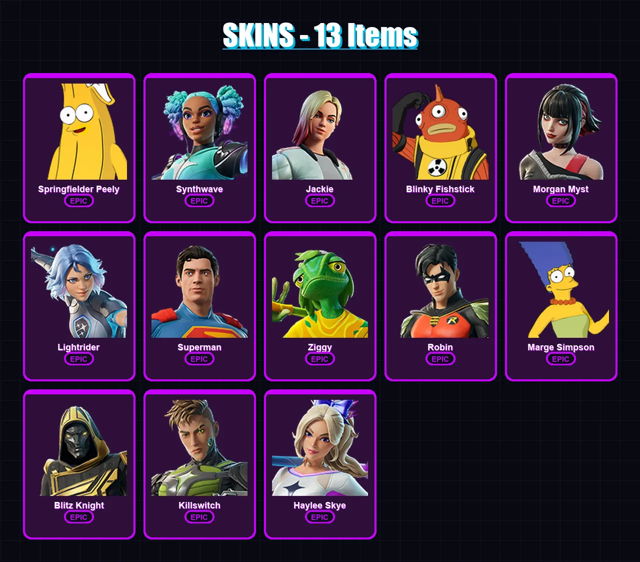 [PC/XBOX/PSN] | Springfielder Peely | Synthwave | Jackie | Blinky Fishstick | Morgan Myst | 13 skin | 48 pickaxe | 21 emote | 35 glider | Lv392 — Fortnite account