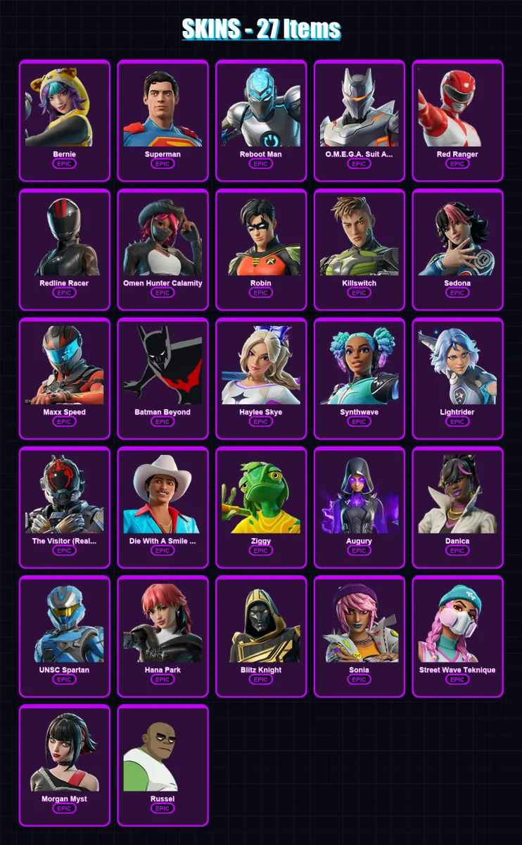 [PC/XBOX/PSN] | Bernie | Superman | Reboot Man | O.M.E.G.A. Suit Alpha | Red Ranger | 27 skin | 30 pickaxe | 21 emote | 18 glider | Lv221