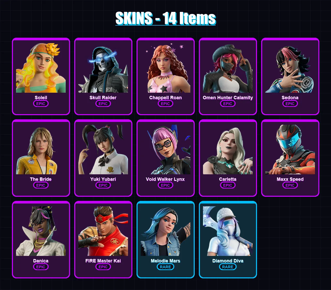 [PC/XBOX/PSN] | Soleil | Skull Raider | Chappell Roan | Omen Hunter Calamity | Sedona | 14 skin | 8 pickaxe | 3 emote | 3 glider | Lv9