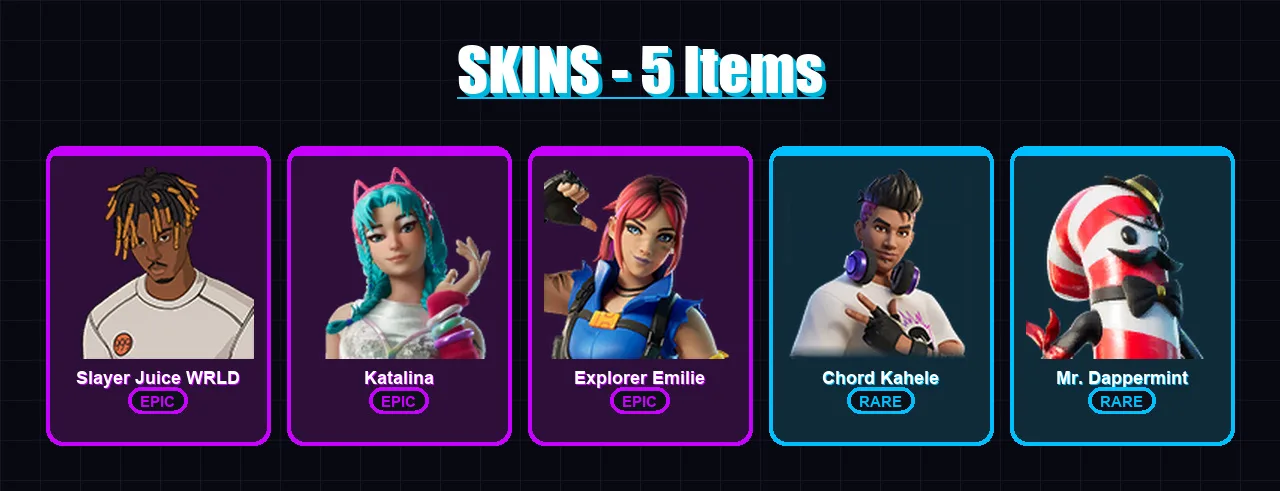 [PC/XBOX/PSN] | Slayer Juice WRLD | Katalina | Explorer Emilie | Chord Kahele | Mr. Dappermint | 5 skin | 7 pickaxe | 7 emote | 4 glider | Lv36