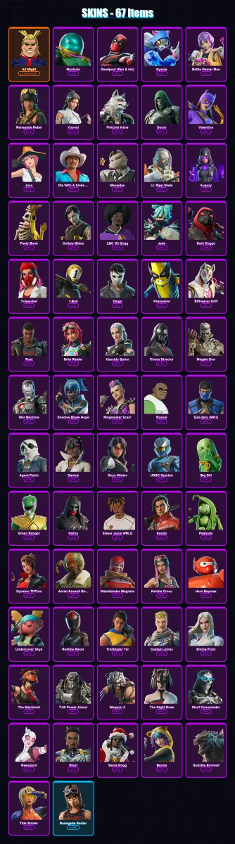 [SWITCH/XBOX/PSN/PC] | All Might | Mysterio | Deadpool (Pen & Ink) | Nyanja | Battle Gamer Mae | 67 skin | 113 pickaxe | 91 emote | 70 glider | Lv13