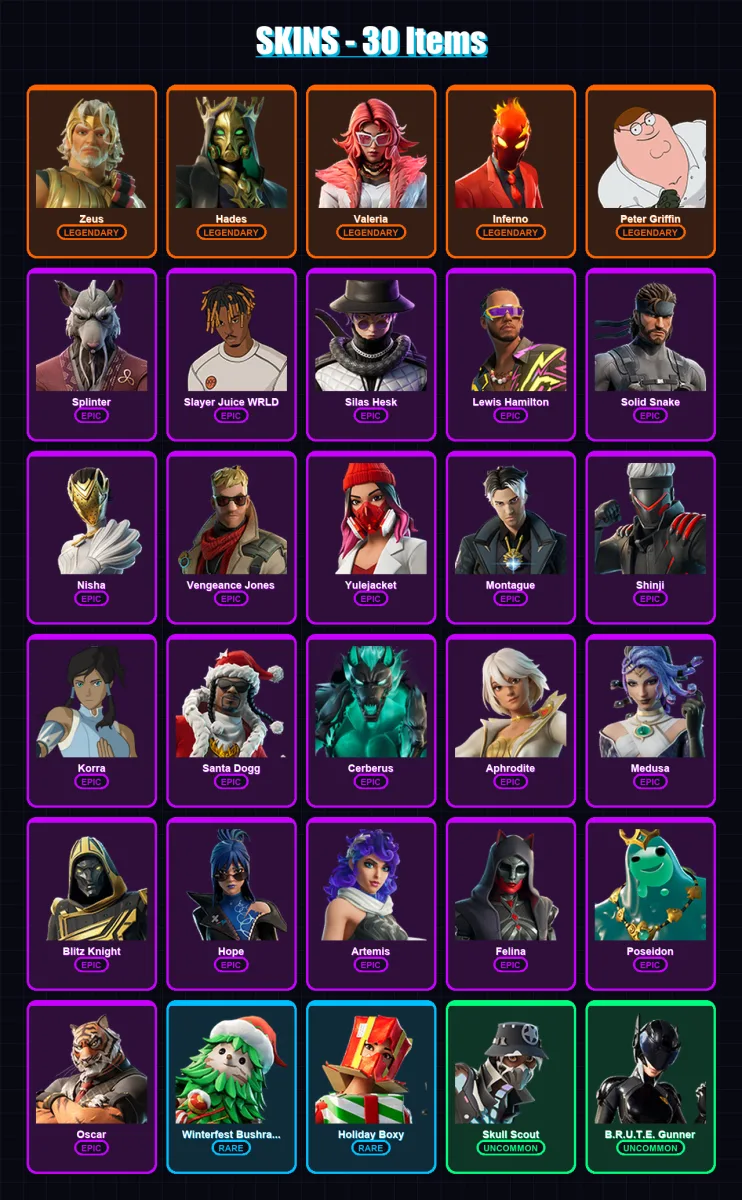 [PS4/PS5/XBOX/PC] | Zeus | Hades | Valeria | Inferno | Peter Griffin | 30 skin | 69 pickaxe | 35 emote | 49 glider | Lv673