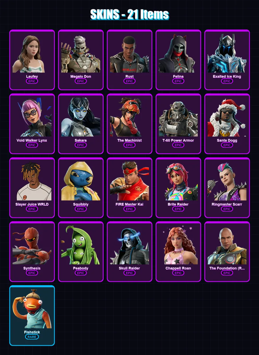[PC/PSN] | Laufey | Megalo Don | Rust | Felina | Exalted Ice King | 21 skin | 63 pickaxe | 27 emote | 38 glider | Lv627