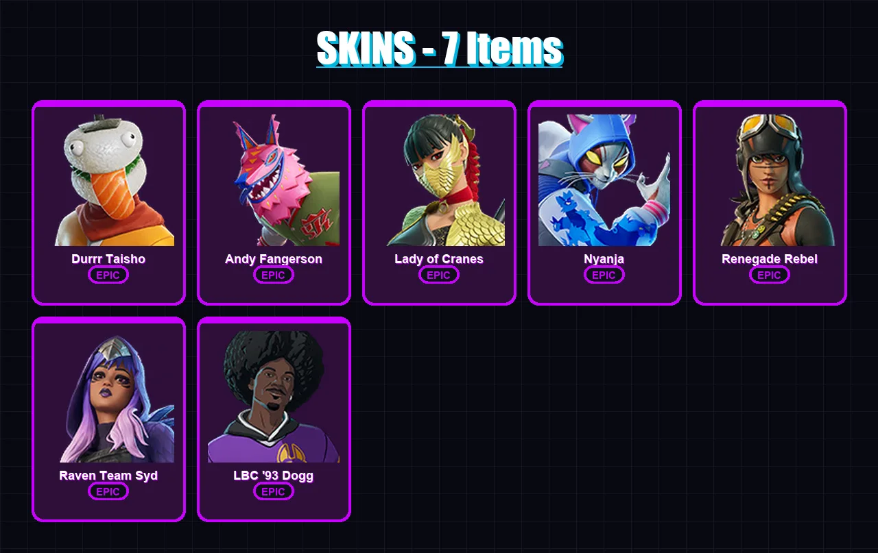 [PS4/PS5/XBOX/PC] | Durrr Taisho | Andy Fangerson | Lady of Cranes | Nyanja | Renegade Rebel | 7 skin | 10 pickaxe | 7 emote | 7 glider | Lv40