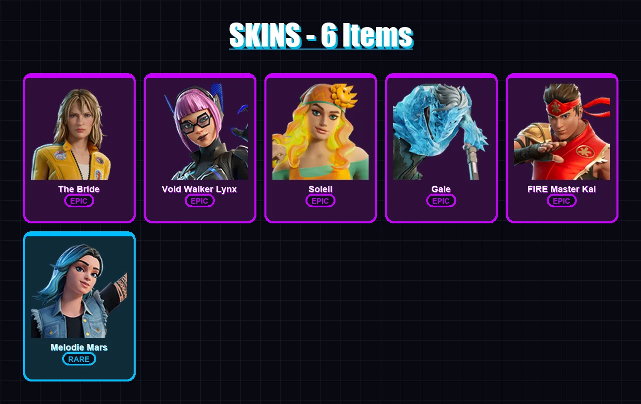 [PC/PSN] | The Bride | Void Walker Lynx | Soleil | Gale | FIRE Master Kai | 6 skin | 7 pickaxe | 4 emote | 2 glider | Lv13