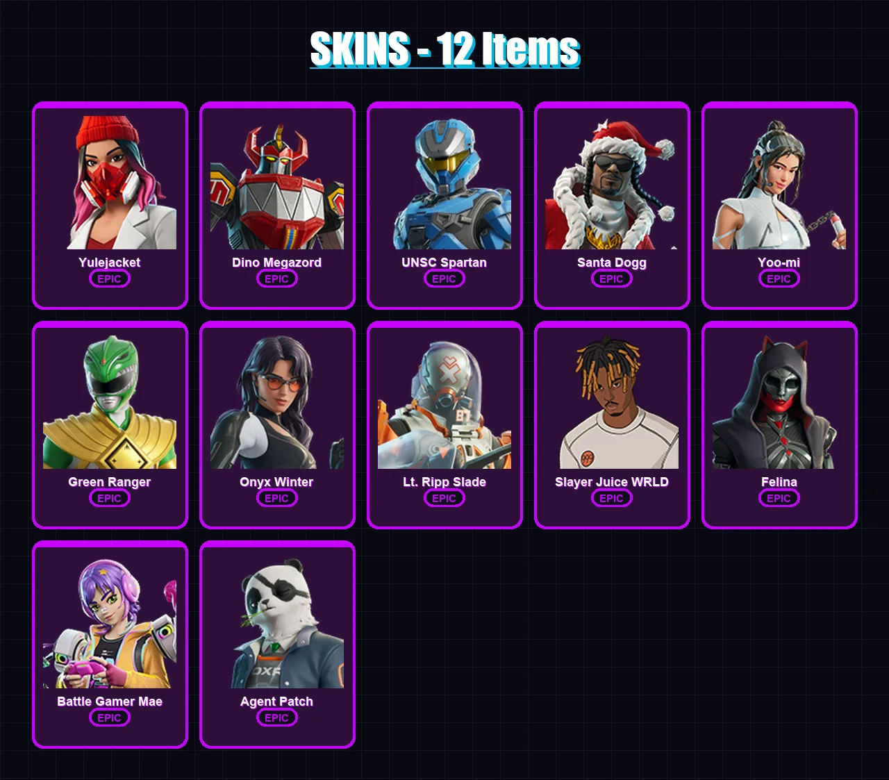 [PC/XBOX/PSN] | Yulejacket | Dino Megazord | UNSC Spartan | Santa Dogg | Yoo-mi | 12 skin | 48 pickaxe | 22 emote | 33 glider | Lv482
