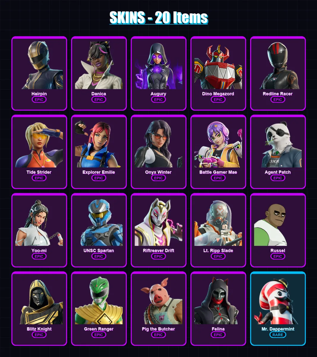 [PC] | Hairpin | Danica | Augury | Dino Megazord | Redline Racer | 20 skin | 56 pickaxe | 28 emote | 26 glider | Lv440