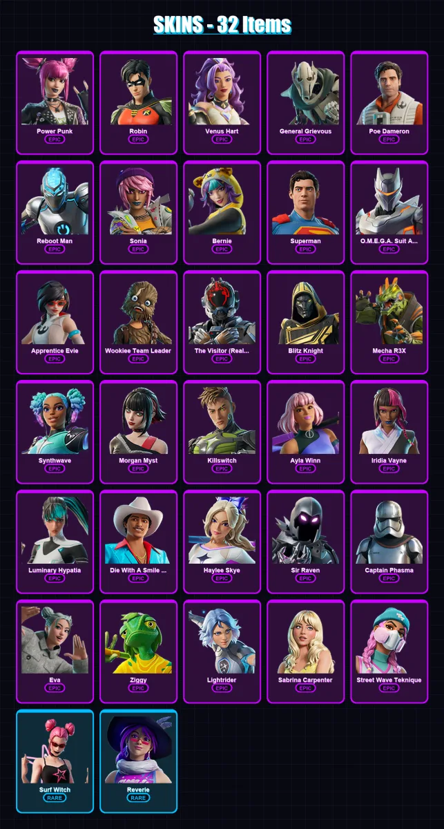[PC/PSN] | Power Punk | Robin | Venus Hart | General Grievous | Poe Dameron | 32 skin | 54 pickaxe | 35 emote | 33 glider | Lv337