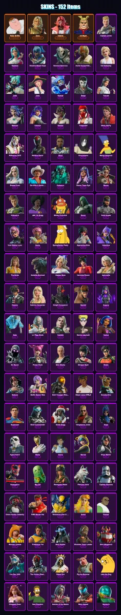 [PC/XBOX/PSN] | Peter Griffin | Zeus | Valeria | All Might | Captain Jones | 152 skin | 180 pickaxe | 136 emote | 103 glider | Lv1205