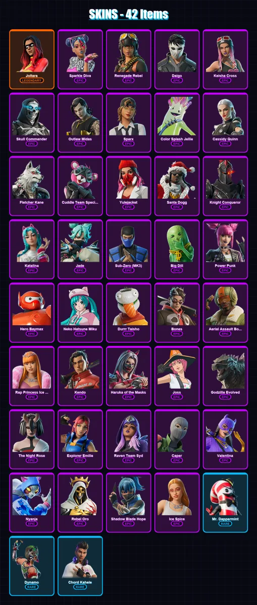 [PC/XBOX/PSN] | Joltara | Sparkle Diva | Renegade Rebel | Daigo | Keisha Cross | 42 skin | 47 pickaxe | 39 emote | 30 glider | Lv426
