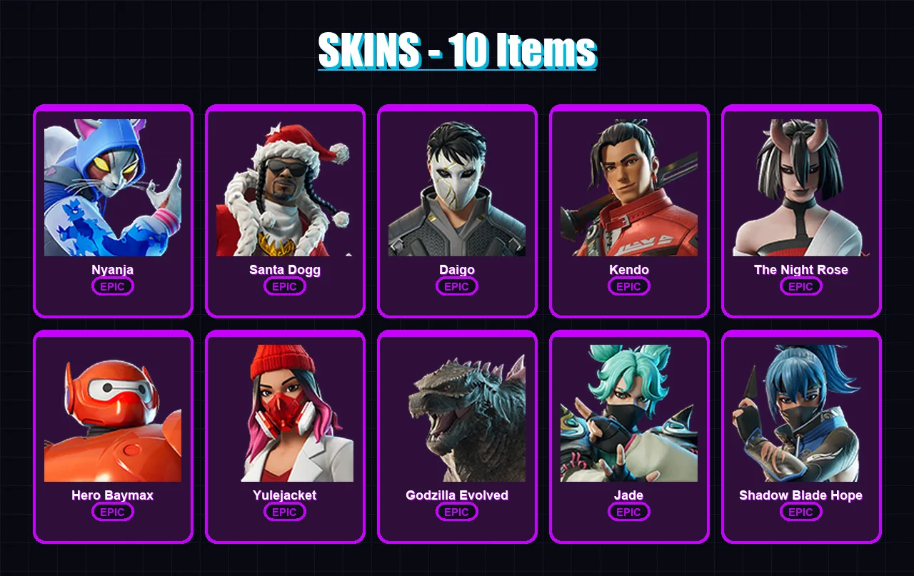 [PC/XBOX/PSN] | Nyanja | Santa Dogg | Daigo | Kendo | The Night Rose | 10 skin | 19 pickaxe | 14 emote | 21 glider | Lv177