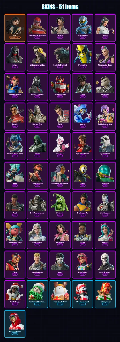 [PC/XBOX] | Era | Wastelander Magneto | Lorenzo | UNSC Spartan | Yoo-mi | 51 skin | 96 pickaxe | 52 emote | 74 glider | Lv1128