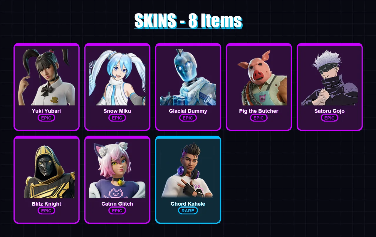 [PS4/PS5/XBOX/PC] | Yuki Yubari | Snow Miku | Glacial Dummy | Pig the Butcher | Satoru Gojo | 8 skin | 63 pickaxe | 27 emote | 35 glider | Lv502