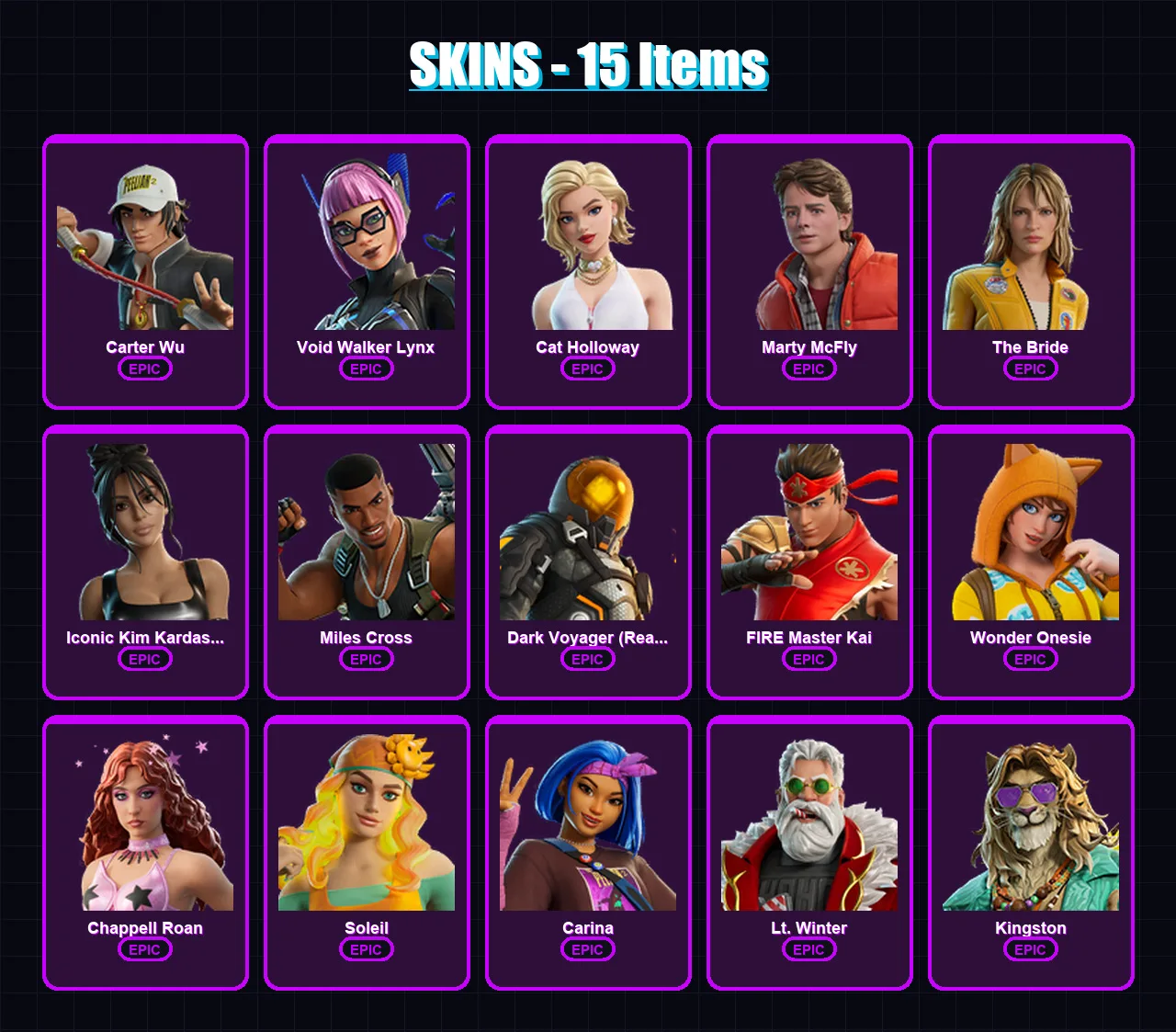 [PC/PSN] | Carter Wu | Void Walker Lynx | Cat Holloway | Marty McFly | The Bride | 15 skin | 22 pickaxe | 18 emote | 15 glider | Lv197